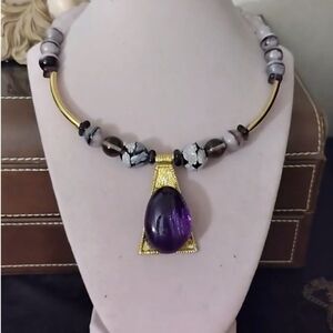 Elegant Purple and Gold Stone And Glass Necklace